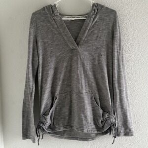 ROXY Women V Neck Grey Striped Hooded Cinched Long Sleeve Top Junior L Boho Y2K